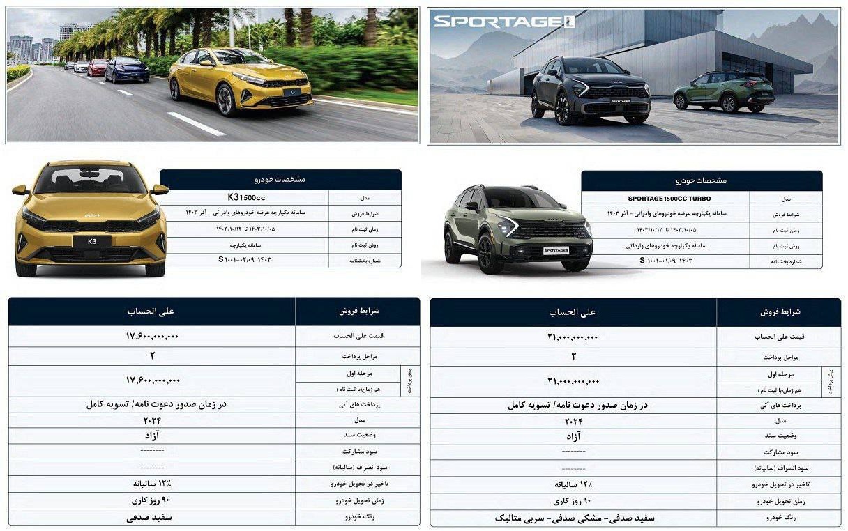 🚘 شرایط فروش ۲ خودرو K۳ و اسپورتیج ۲۰۲۴ اعلام شد + قیمت